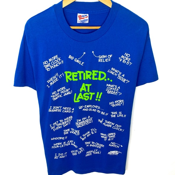 Vintage 1991 Retired At Last Blue Single Stitch T Shirt Made in USA Puff Print L - Picture 1 of 8